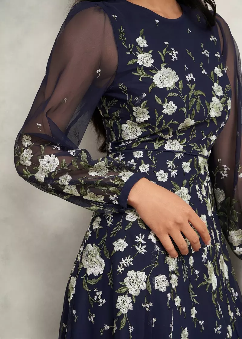 Petite Lois Floral Embroidered Dress, Midnight Yellow, hi-res