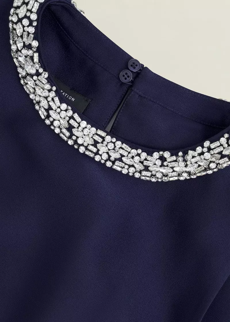 Keira Trimmed Satin Midi Dress, Midnight, hi-res